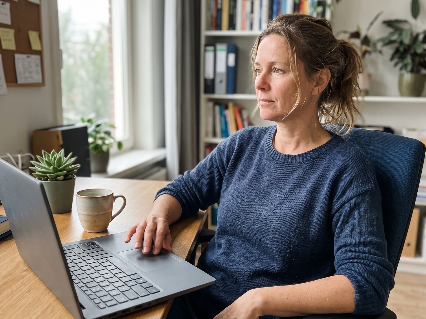 Vrouw van middelbare leeftijd denkt na achter haar laptop in een thuiskantoor