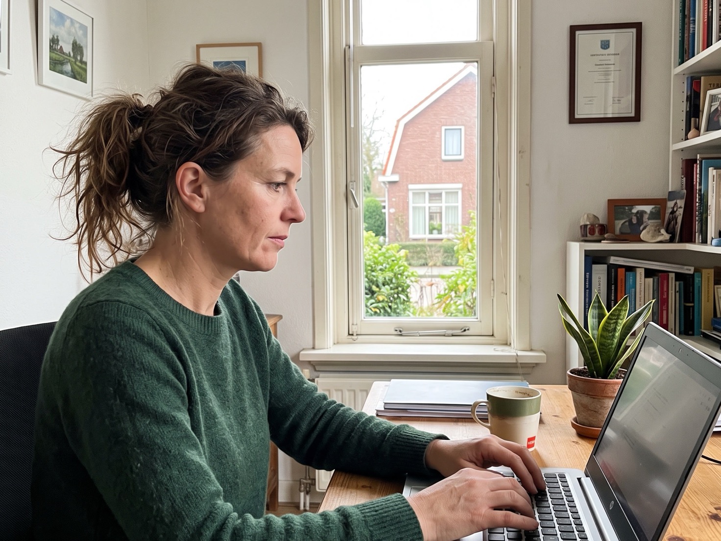 Vrouw werkt aan een laptop in een thuiskantoor, bezig met het herschrijven van een dienstenpagina