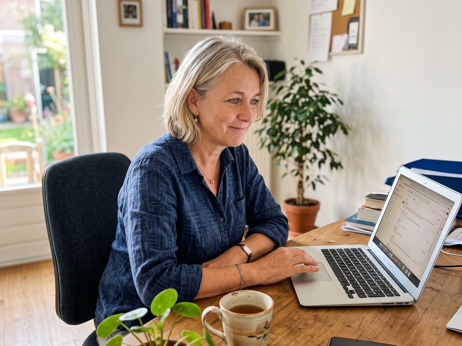 Ondernemer werkt aan haar bureau, blij met een reactie op haar LinkedIn-post