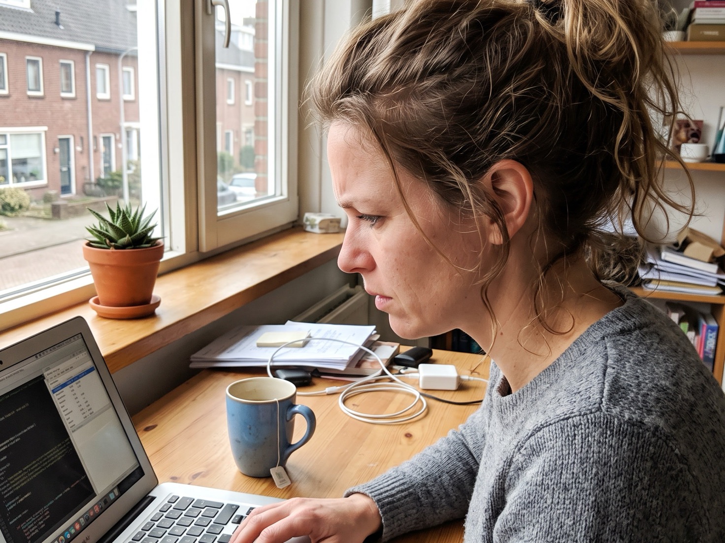 Ondernemer werkt geconcentreerd aan haar laptop bij het raam