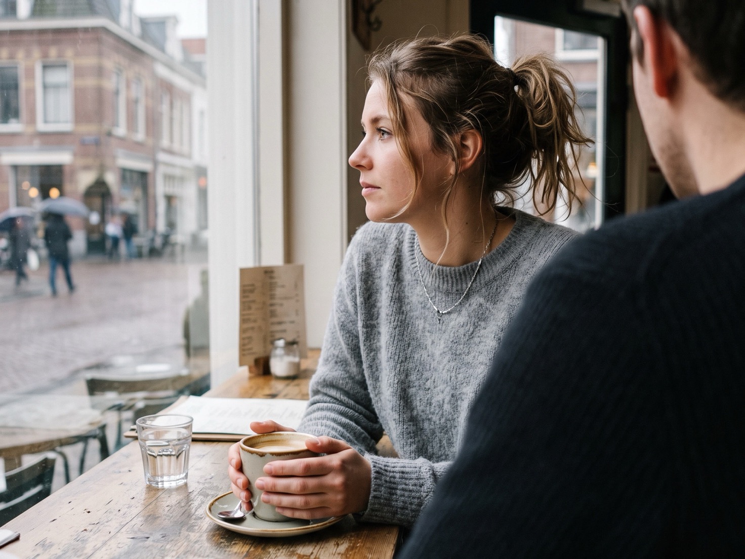 Vrouw aan een houten tafel met een kop koffie in gesprek met iemand tegenover haar