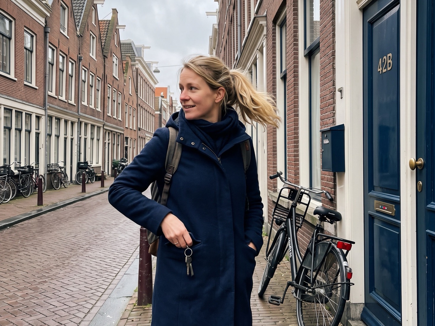 Vrouwelijke ondernemer stapt naar buiten voor de deur van haar praktijkpand in een Nederlandse straat