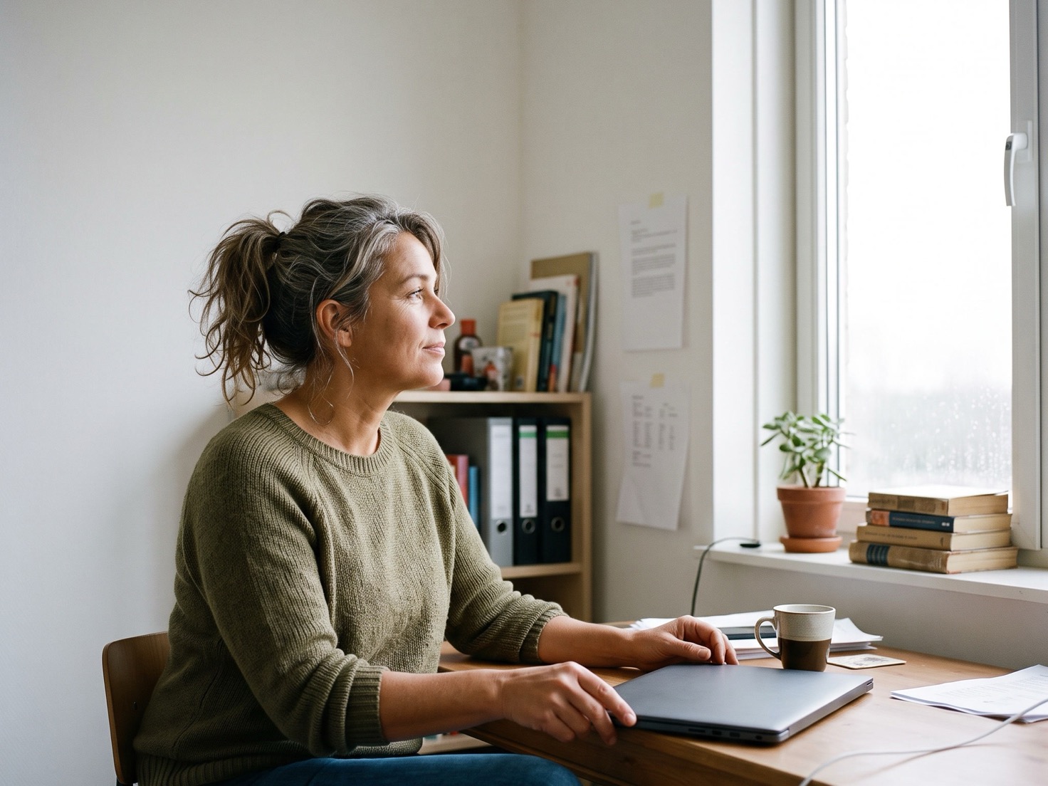 Vrouw van middelbare leeftijd kijkt rustig uit het raam naast haar laptop in een thuiskantoor
