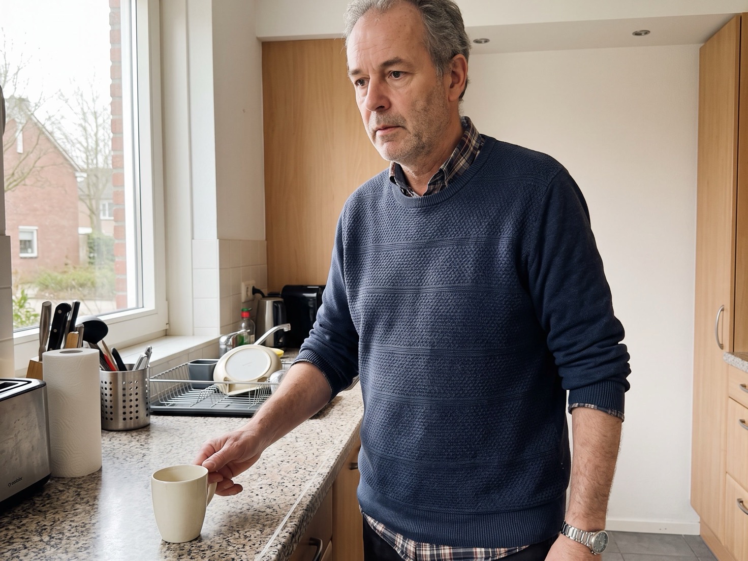 Ondernemer aan het aanrecht die net een koffiemok neerzet, rustig thuiswerkmoment