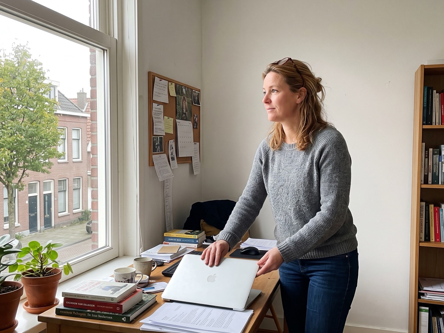 Vrouw van in de veertig klapt haar laptop dicht in een klein thuiskantoor
