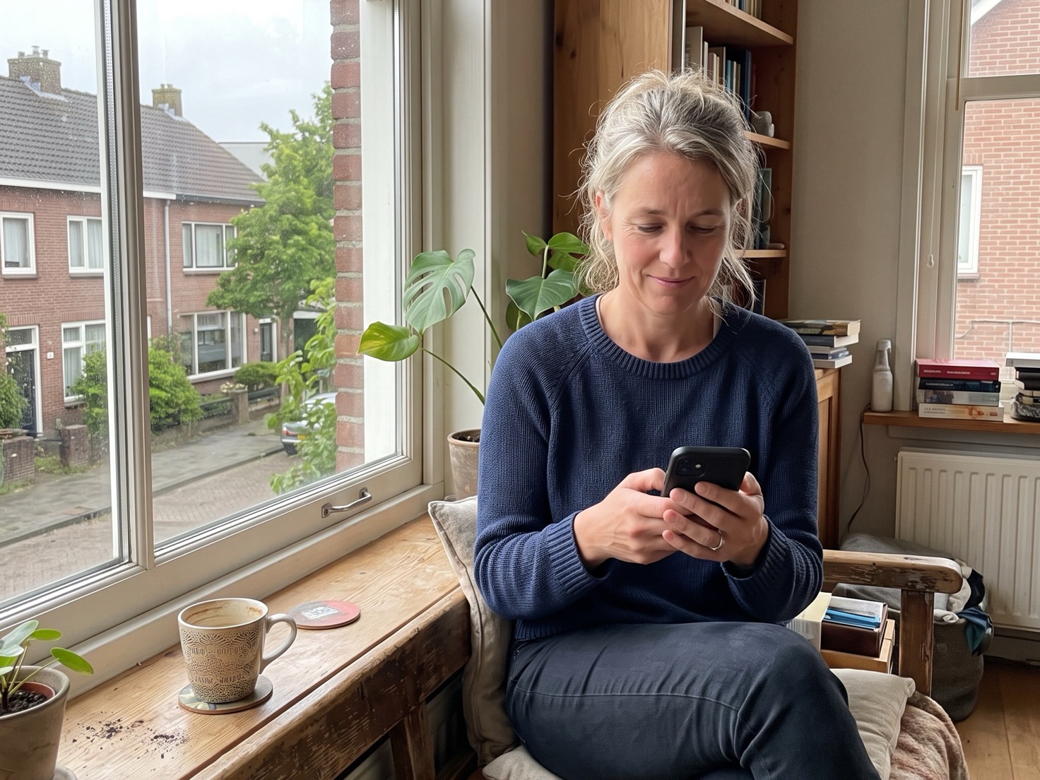 Vrouw checkt taken op haar telefoon bij het raam thuis