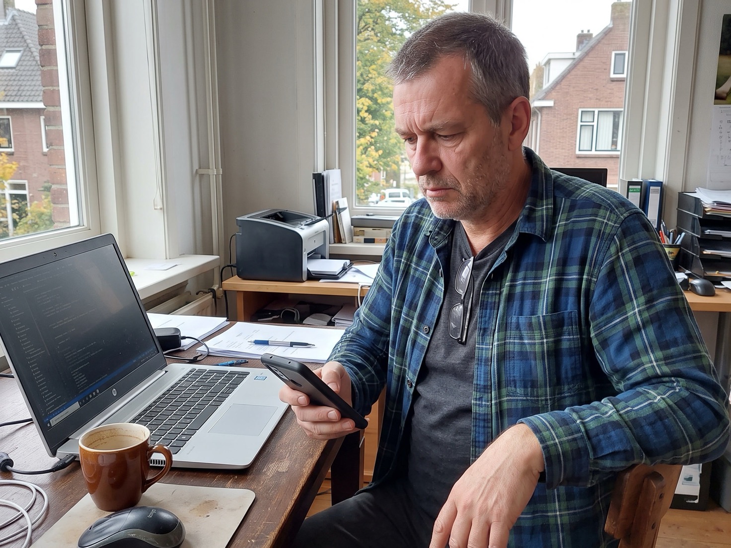 Zelfstandig ondernemer checkt op zijn telefoon of zijn website mobielvriendelijk is