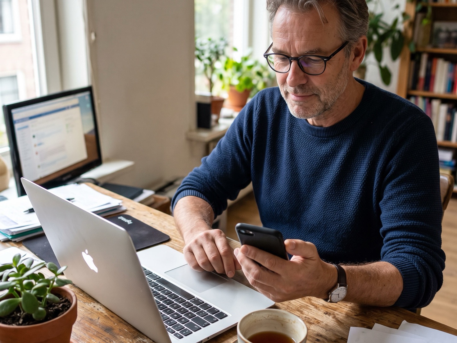 Ondernemer werkt aan zijn laptop en kijkt op zijn telefoon zijn eigen profiel na