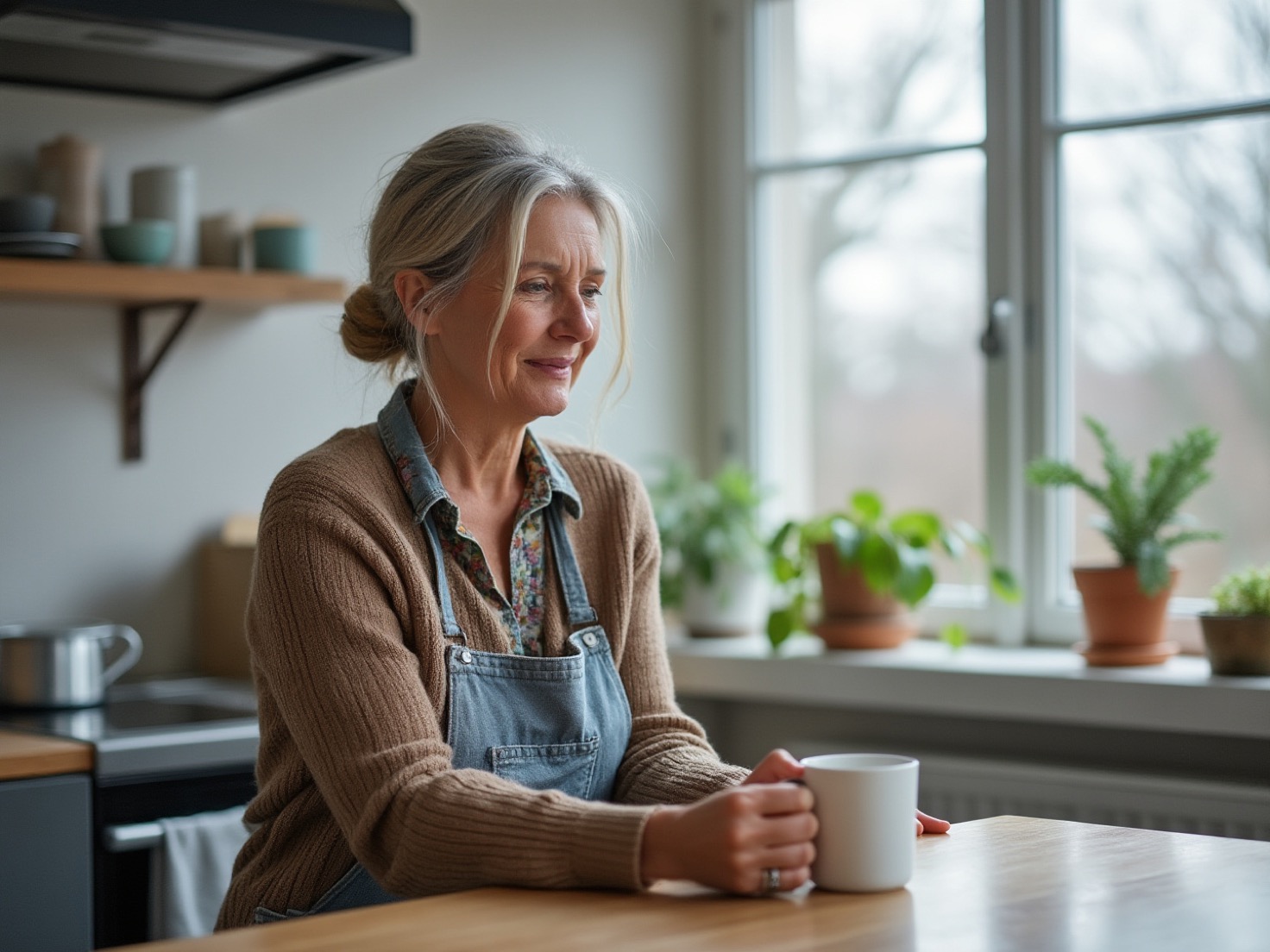 Vrouw van rond de 57 in haar keuken, even een pauze van het werk