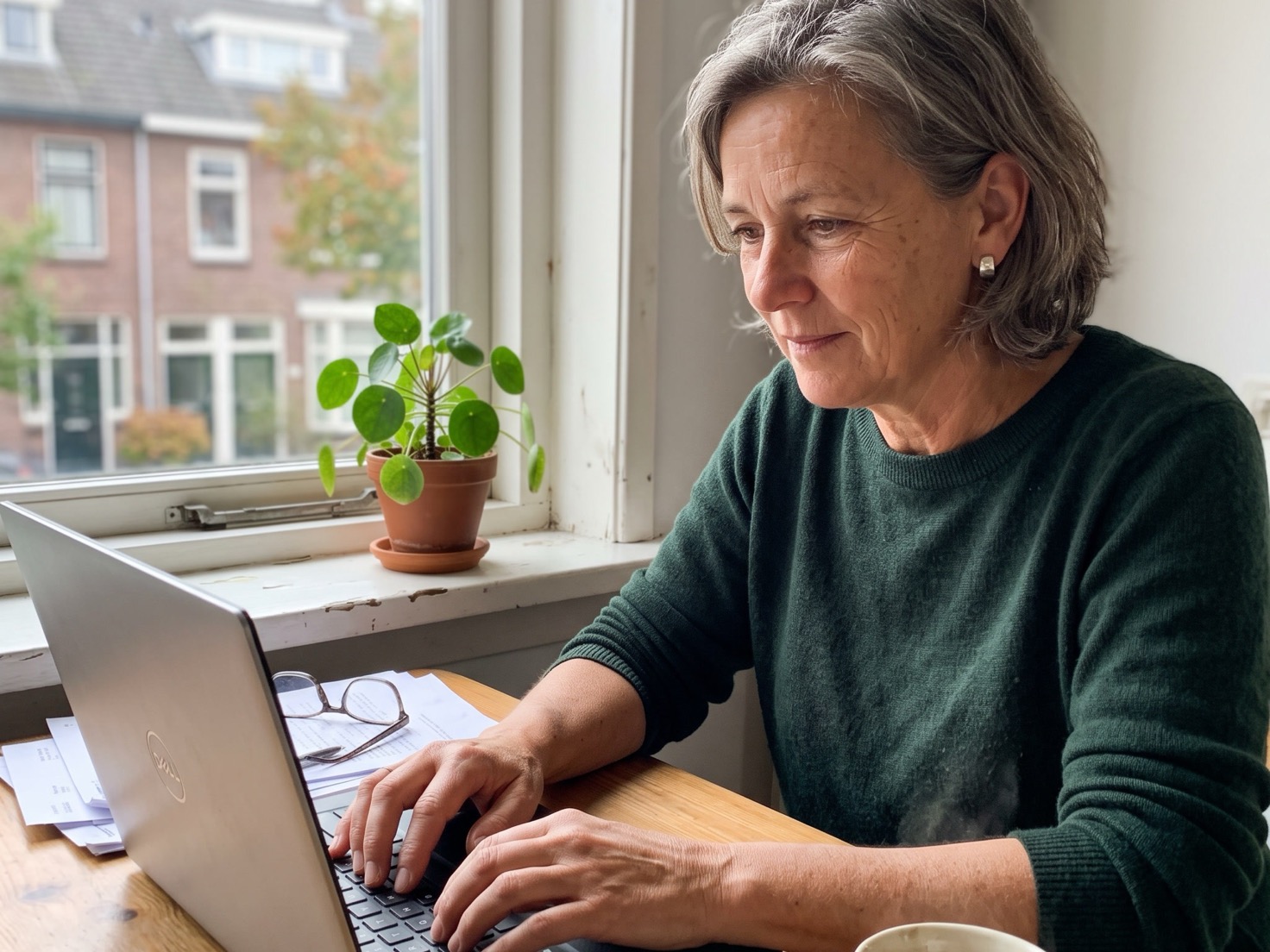 Onderneemster werkt geconcentreerd achter haar laptop bij het raam