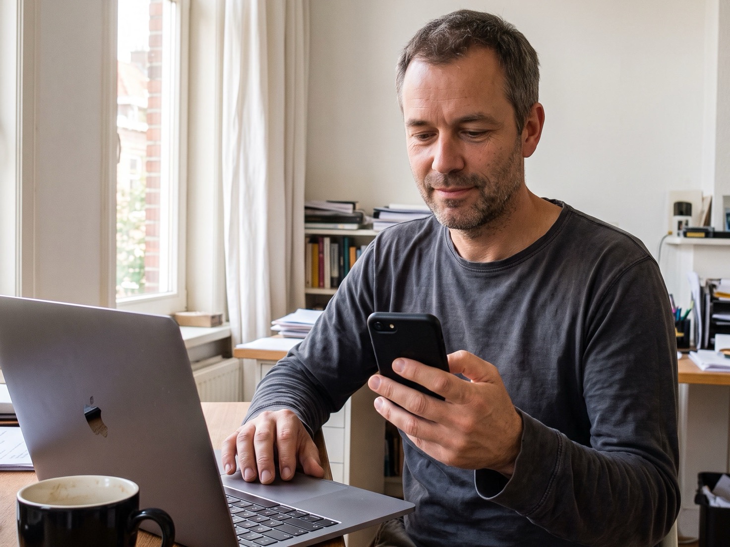 Ondernemer kijkt op zijn telefoon naast een open laptop