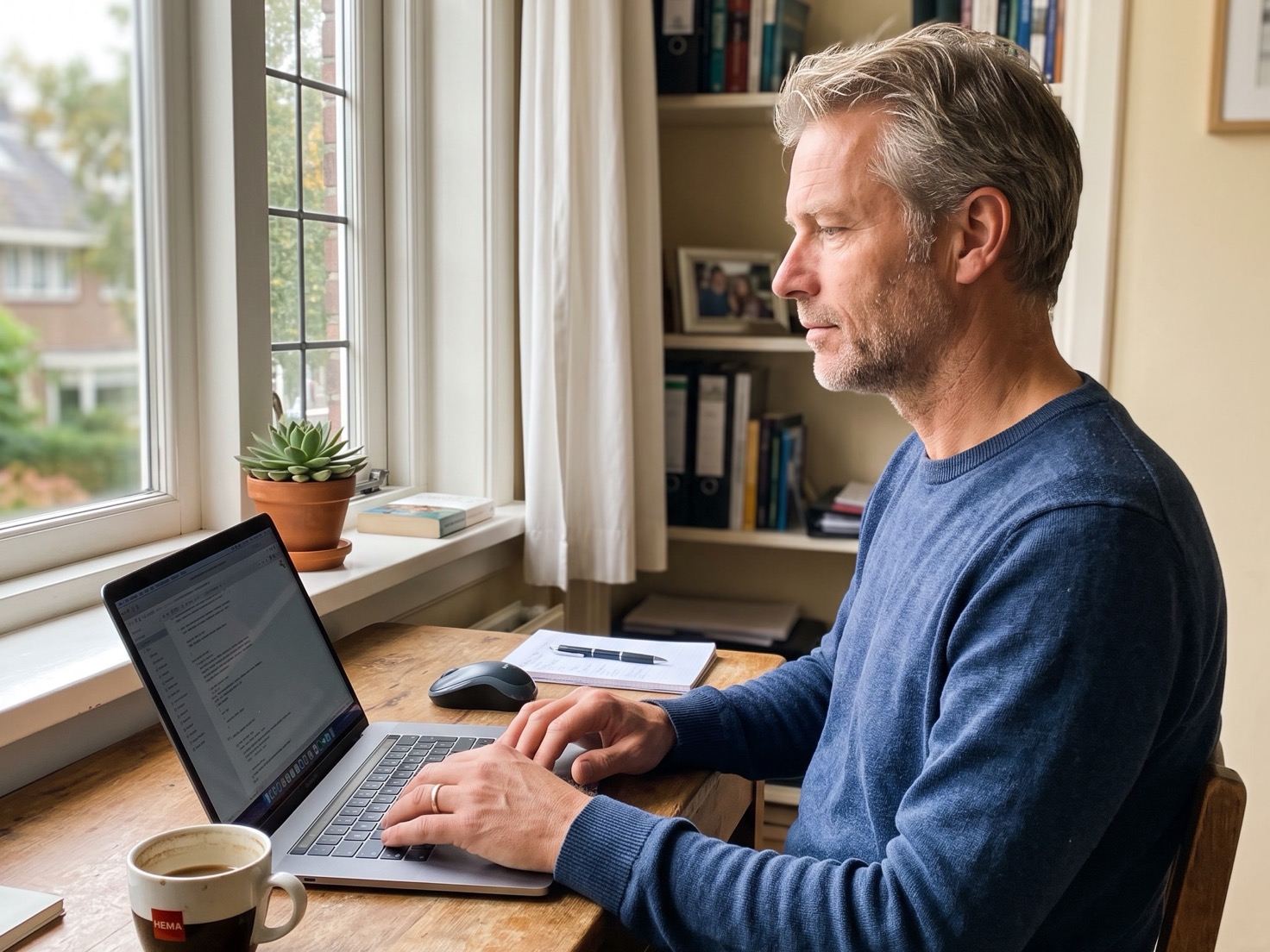 Solo-ondernemer werkt geconcentreerd achter zijn laptop in een rustig thuiskantoor