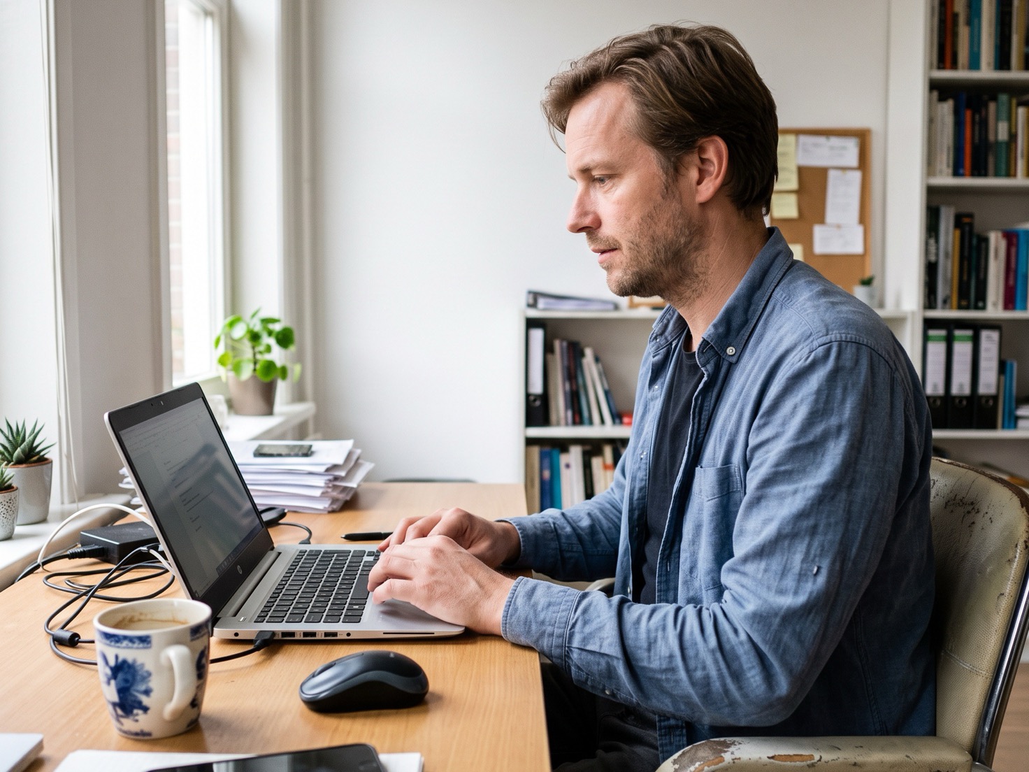 Man werkt aan een bureau in een thuiskantoor en overweegt een nieuwe tool
