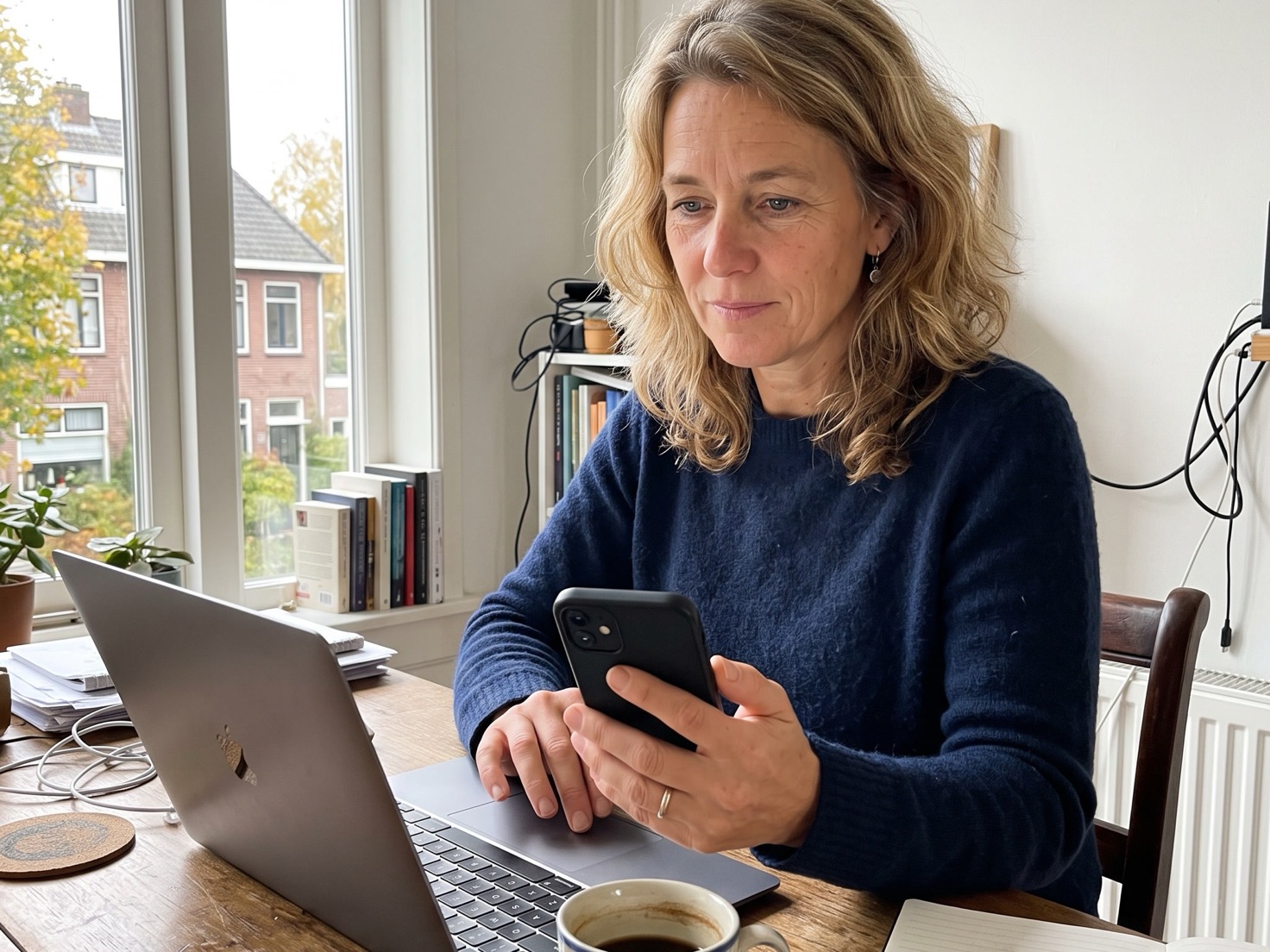 Solo-ondernemer kijkt bedachtzaam naar haar telefoon aan haar werktafel