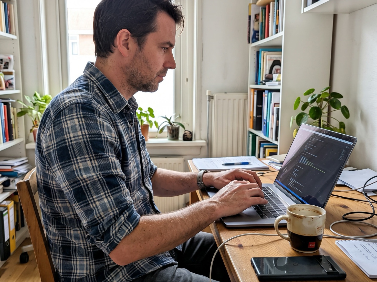 Zzp'er werkt geconcentreerd aan het bureau in een thuiskantoor
