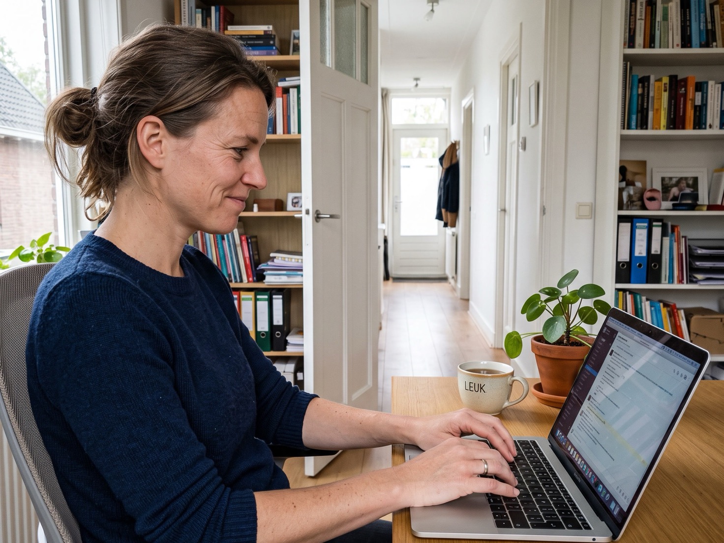 Vrouw werkt aan haar laptop in haar werkkamer, bezig met het voorbereiden van een klantevenement