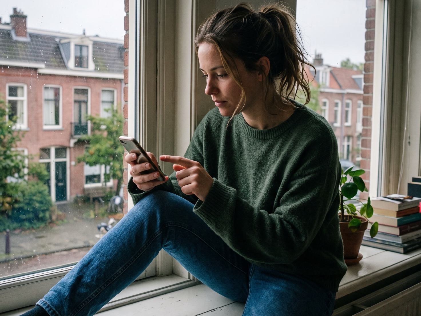 Vrouw zit bij het raam met haar telefoon in de hand en denkt na voor ze een bericht verstuurt