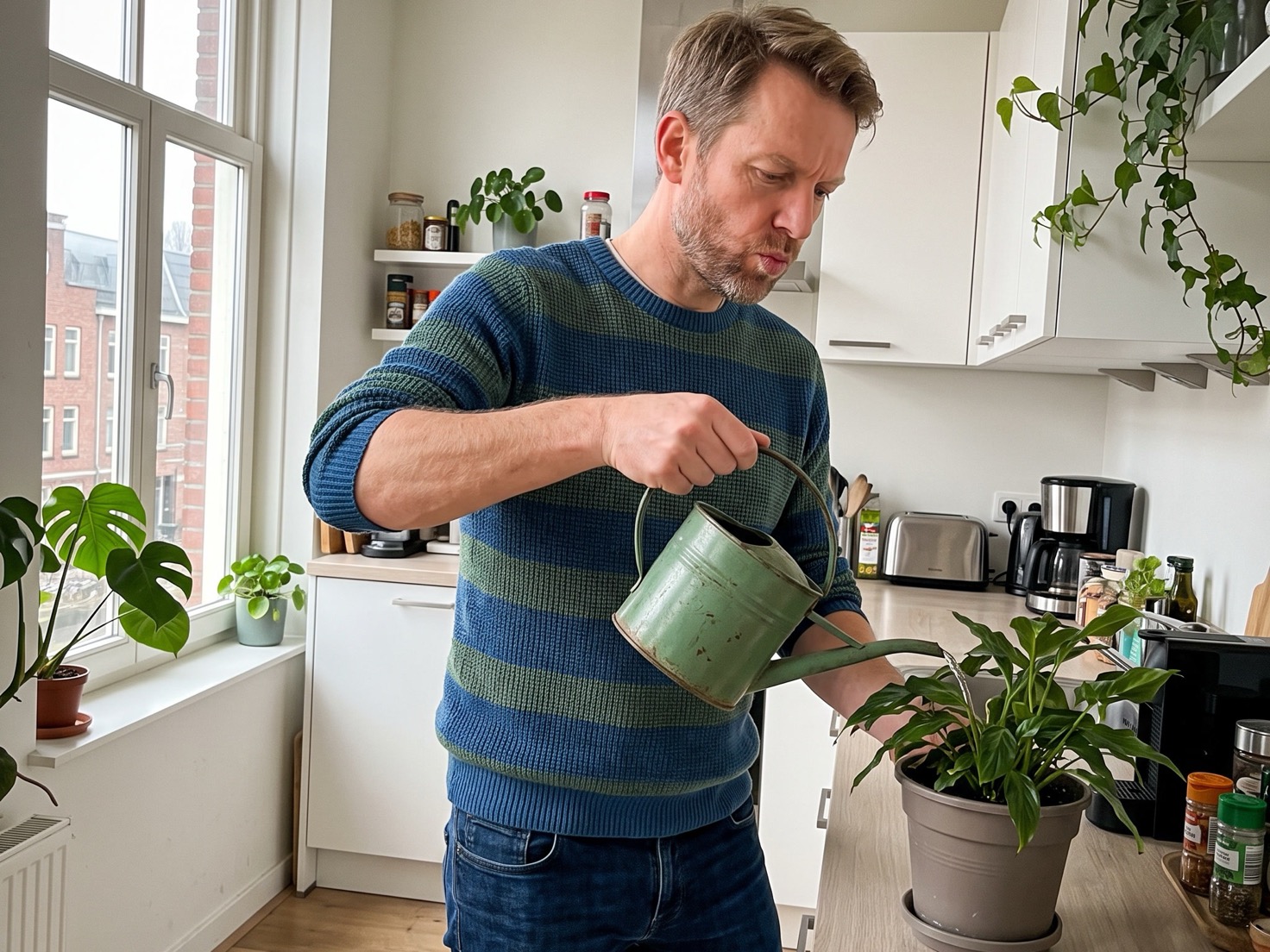 Solo-ondernemer thuis in de keuken, even weg van het scherm tijdens het doorlichten van zijn vaste abonnementen