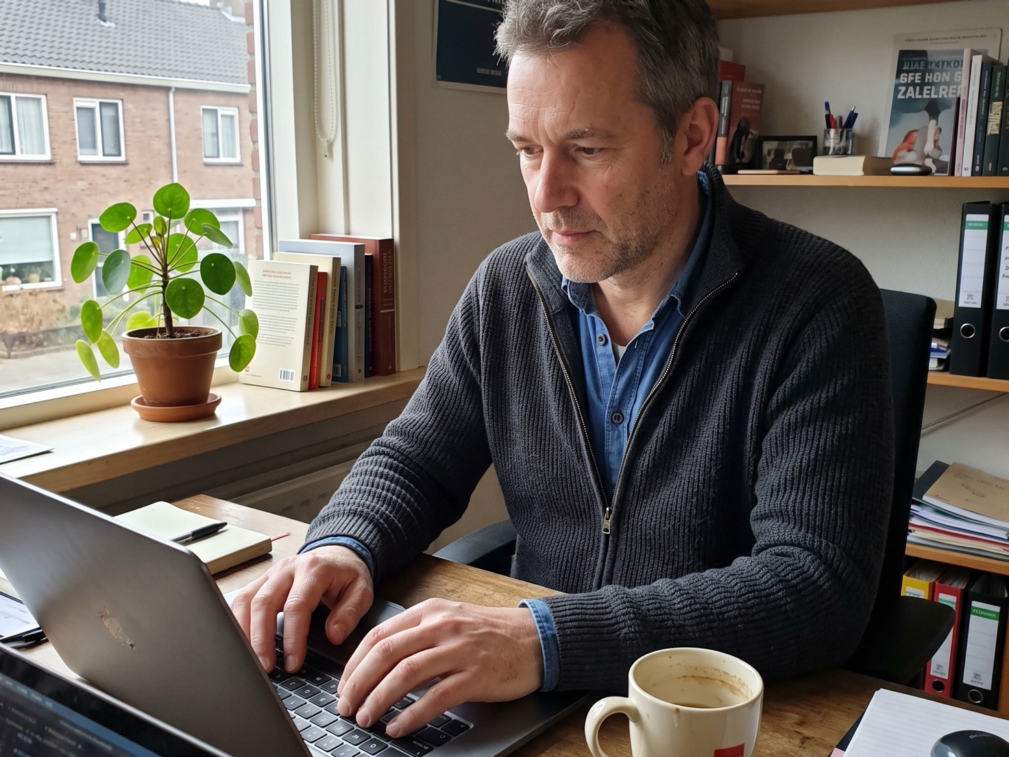 Man werkt geconcentreerd aan zijn administratie achter een laptop thuis