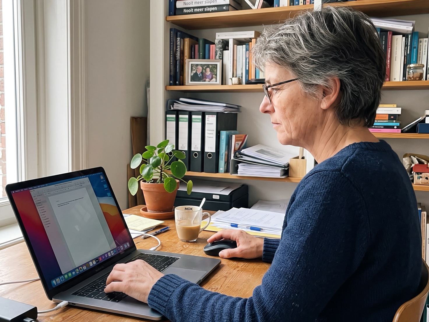 Vrouw kijkt twijfelend naar haar laptopscherm thuis achter haar bureau