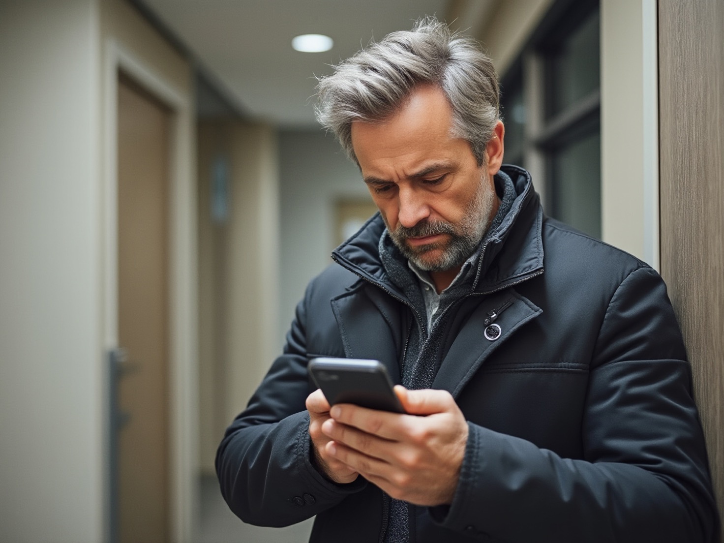 Man van middenveertig in de hal trekt zijn jas aan terwijl hij gefronst op zijn telefoon kijkt