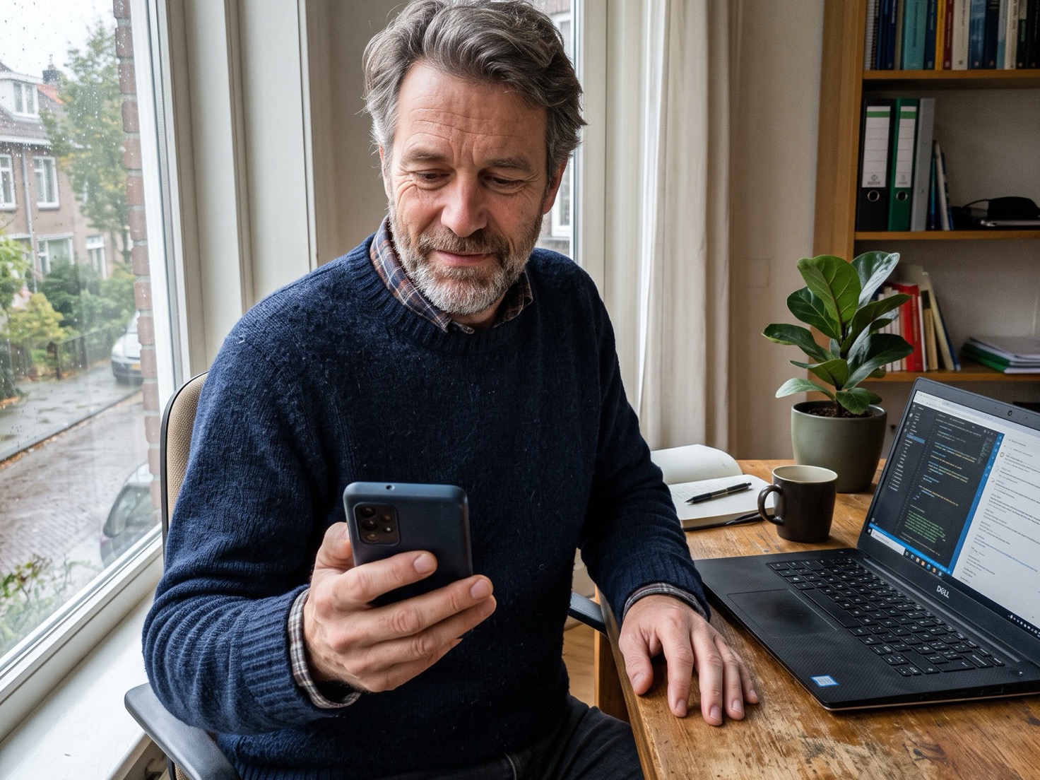 Zzp'er kijkt op zijn telefoon aan zijn werktafel met laptop