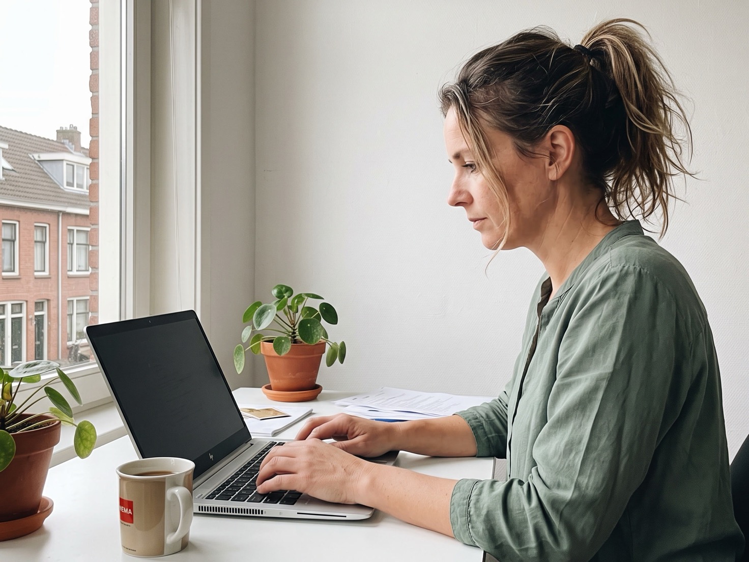 Vrouw werkt achter haar laptop in een thuiskantoor, bezig met haar administratie
