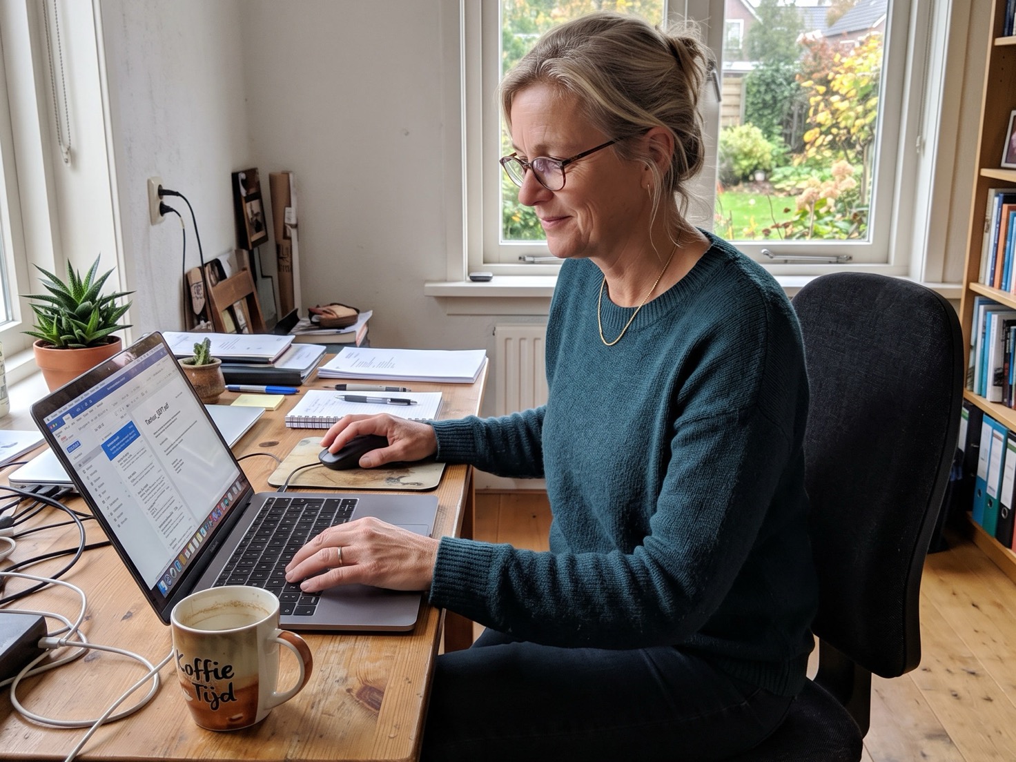 Vrouw van middelbare leeftijd werkt geconcentreerd achter haar laptop in een lichte werkkamer
