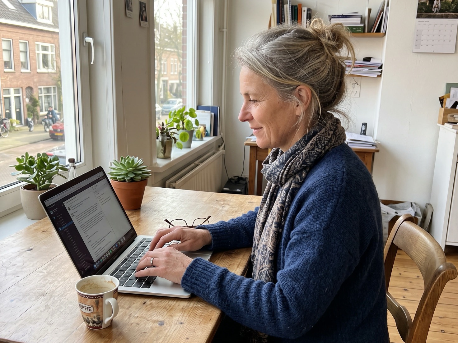 Vrouw werkt geconcentreerd achter haar laptop aan de eigen werktafel
