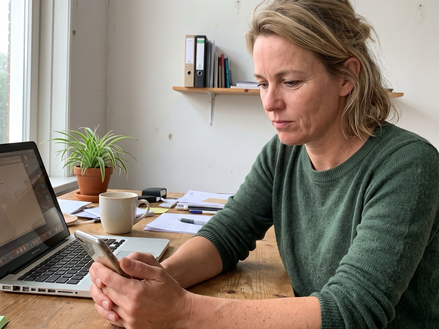 Vrouw leest de opening van haar blog nog eens terug op haar telefoon aan haar werktafel