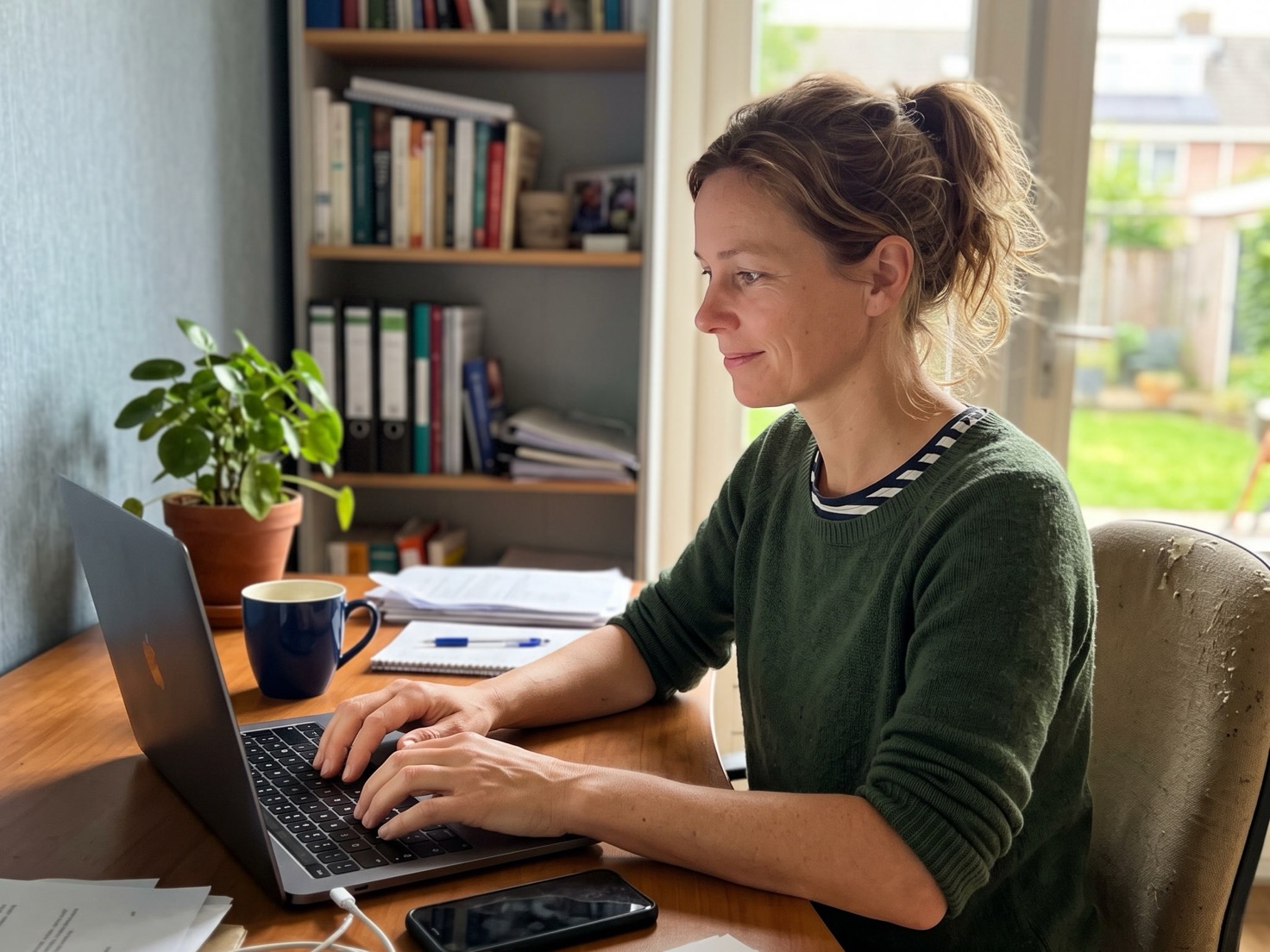 Vrouw werkt geconcentreerd achter een laptop in een klein thuiskantoor