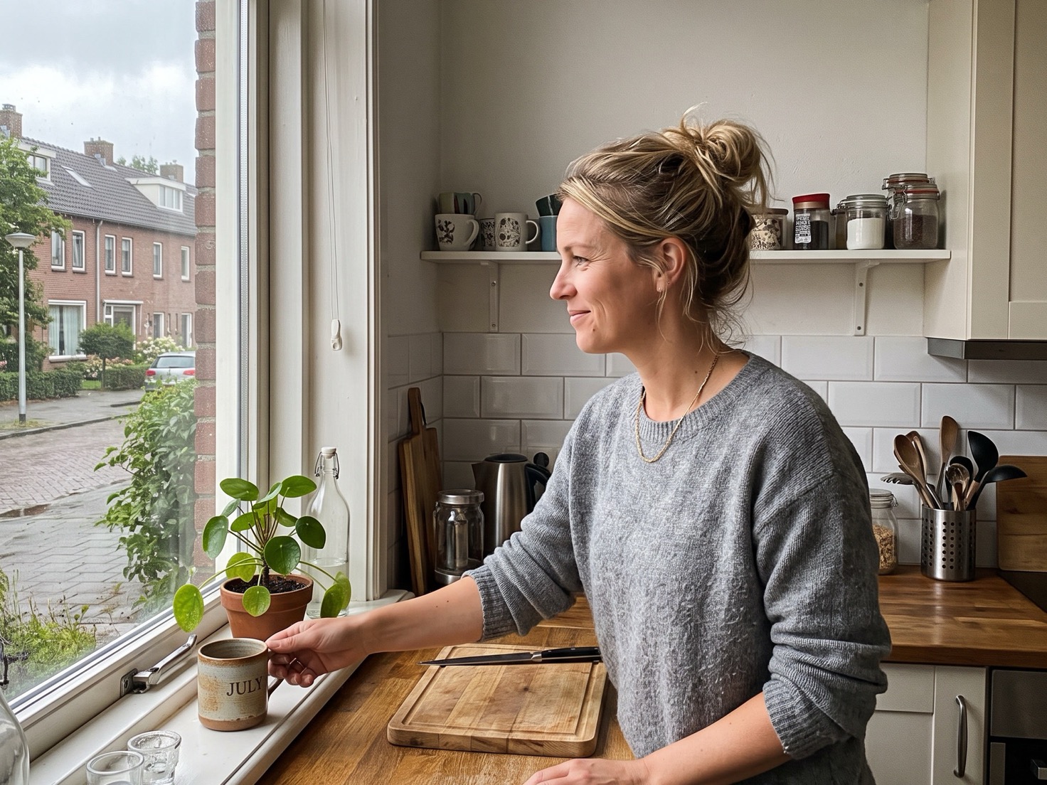 Vrouw zet rustig een mok neer bij het raam in haar keuken