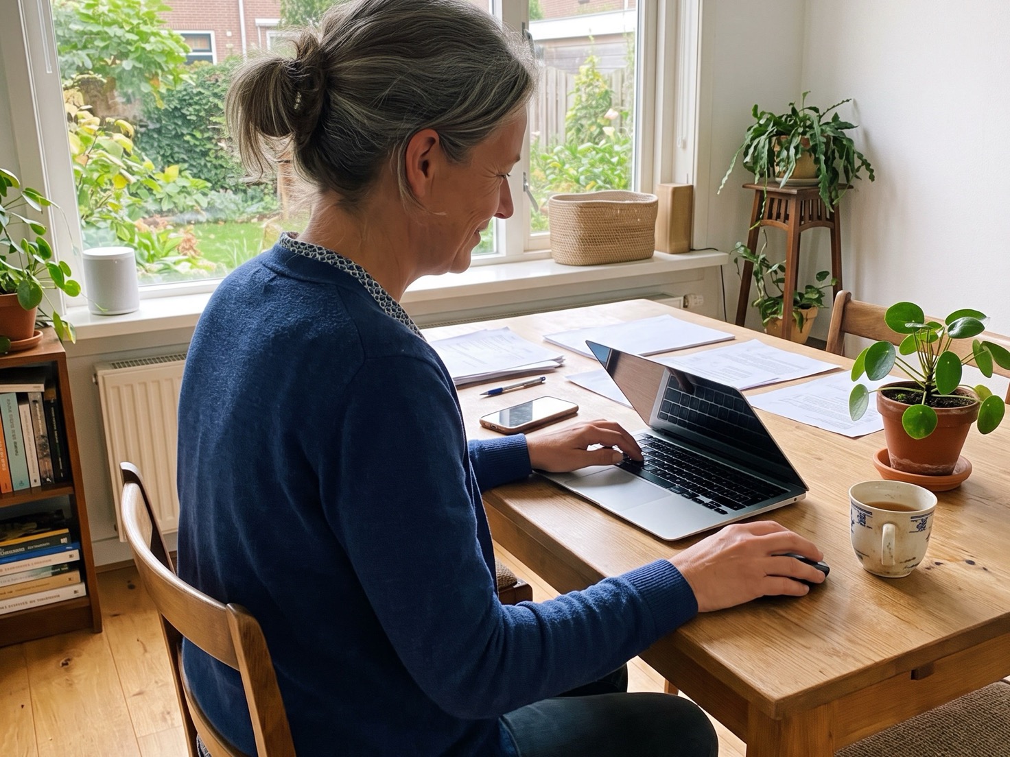 Zzp'er werkt geconcentreerd aan een laptop, met een kop koffie en een klein plantje op tafel