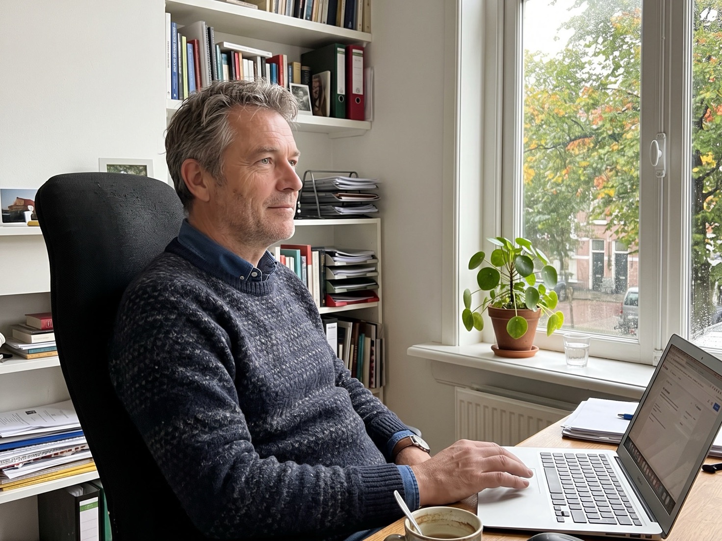Zelfstandig ondernemer aan zijn bureau thuis, nadenkend over zijn tarief
