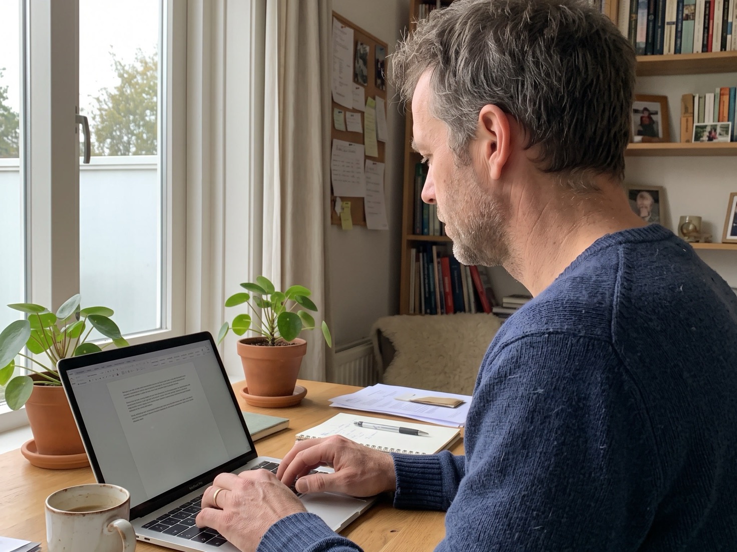 Zzp'er werkt aan laptop thuis en denkt na over nieuwe regelgeving