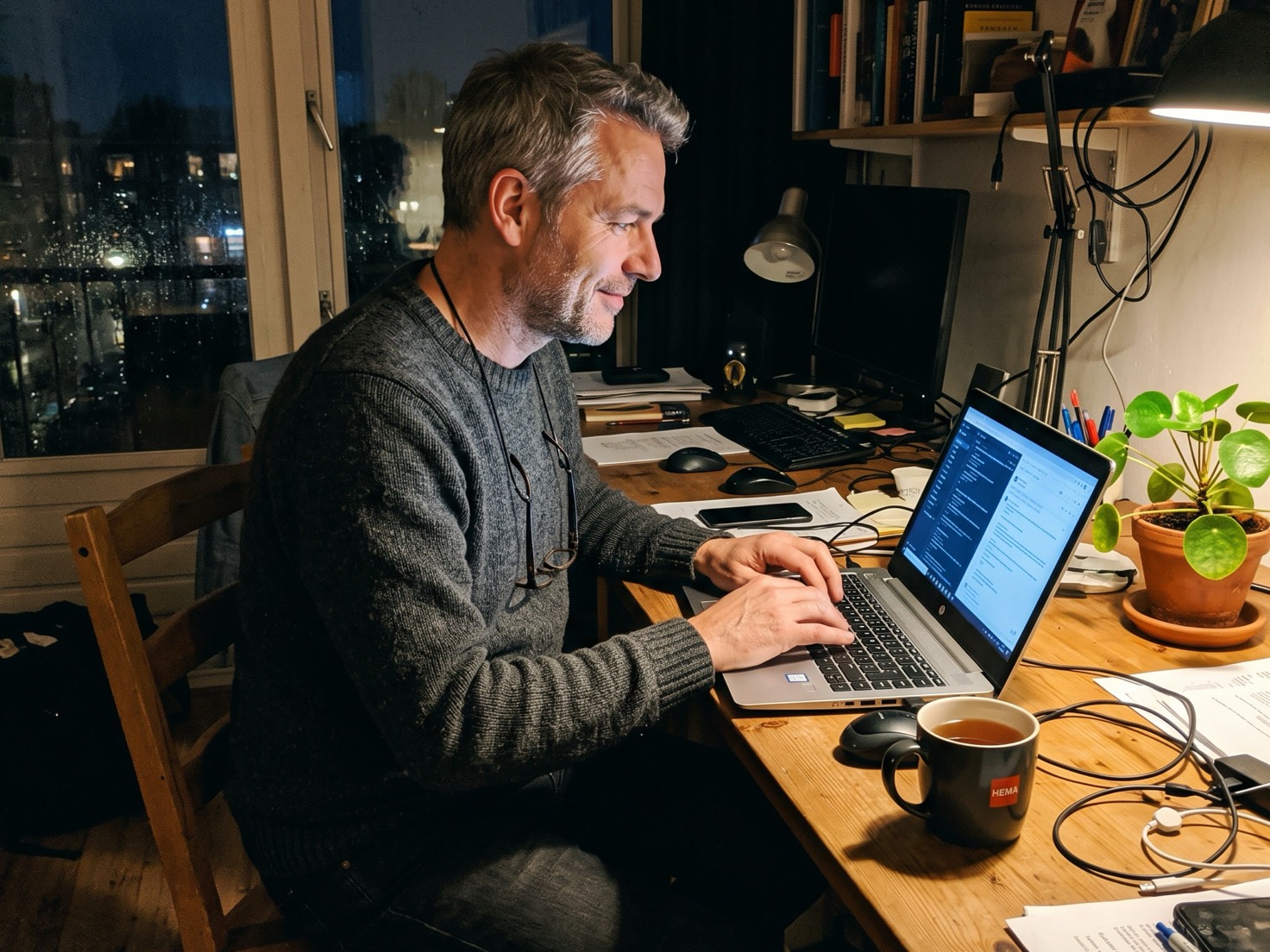 Zelfstandig ondernemer werkt 's avonds nog aan laptop thuis, vroeg donker buiten in december