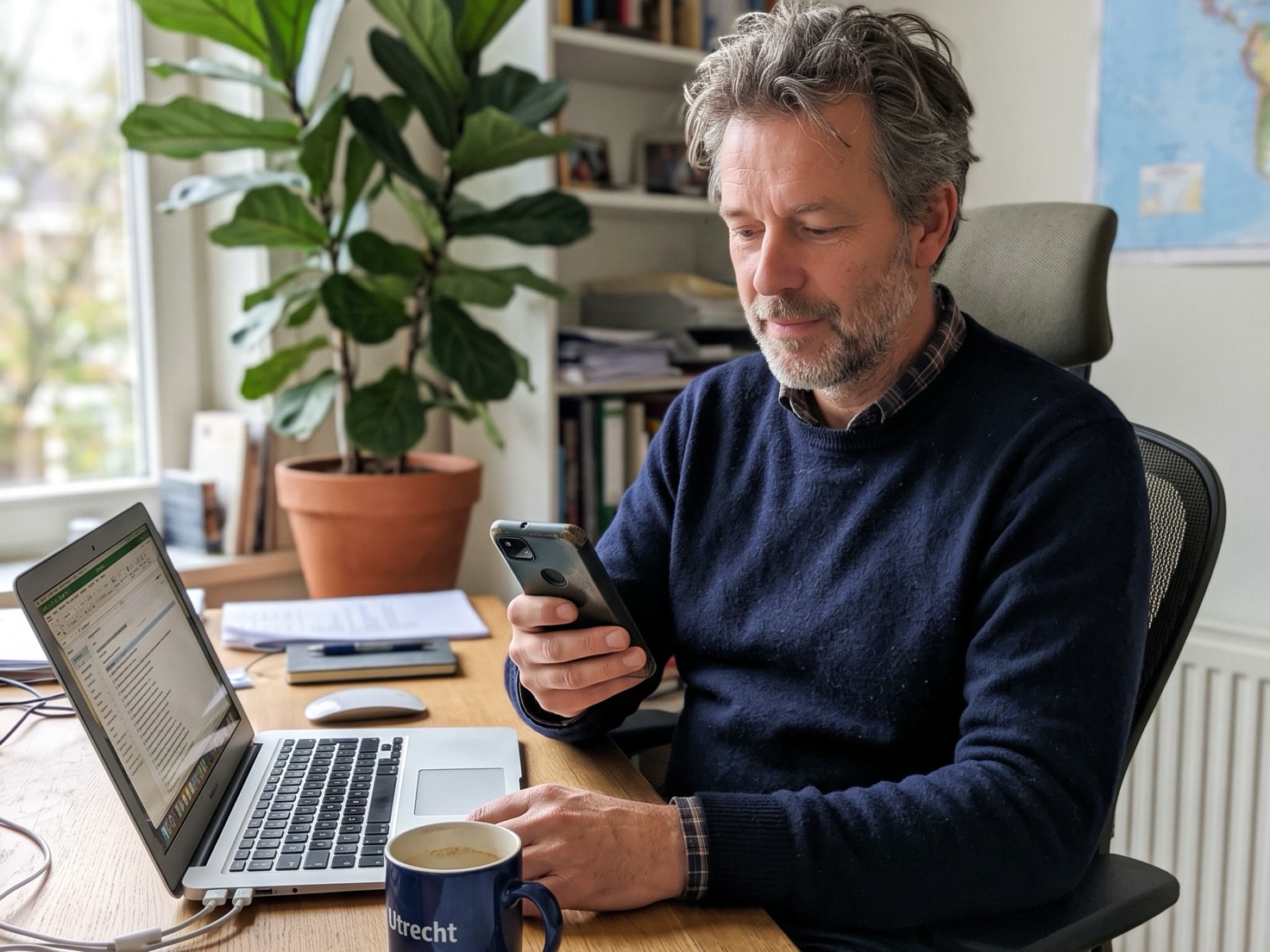 Ondernemer bekijkt reacties op LinkedIn op zijn telefoon naast zijn laptop