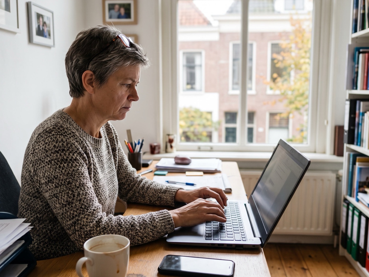 Ondernemer werkt achter laptop in thuiskantoor en weegt twee opties tegen elkaar af