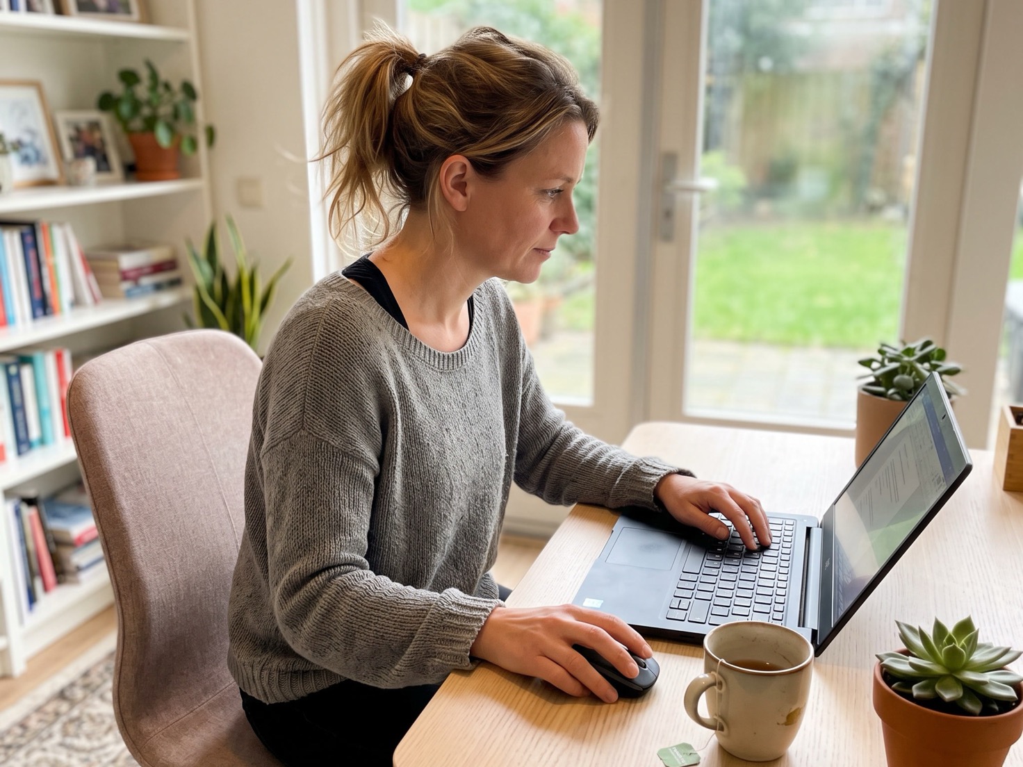 Zzp'er werkt geconcentreerd achter haar laptop in haar eigen praktijkruimte