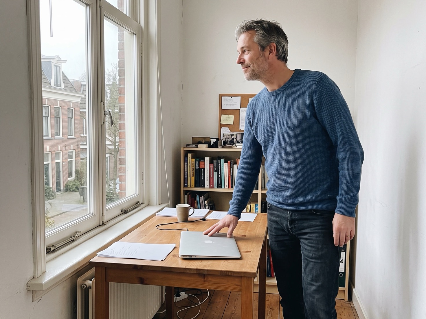 Zzp'er die aan het einde van het jaar rustig terugkijkt op zijn ondernemersjaar vanuit zijn thuiskantoor