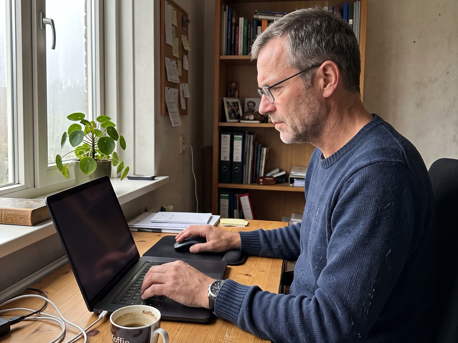 Zzp'er werkt aan zijn laptop in een klein thuiskantoor